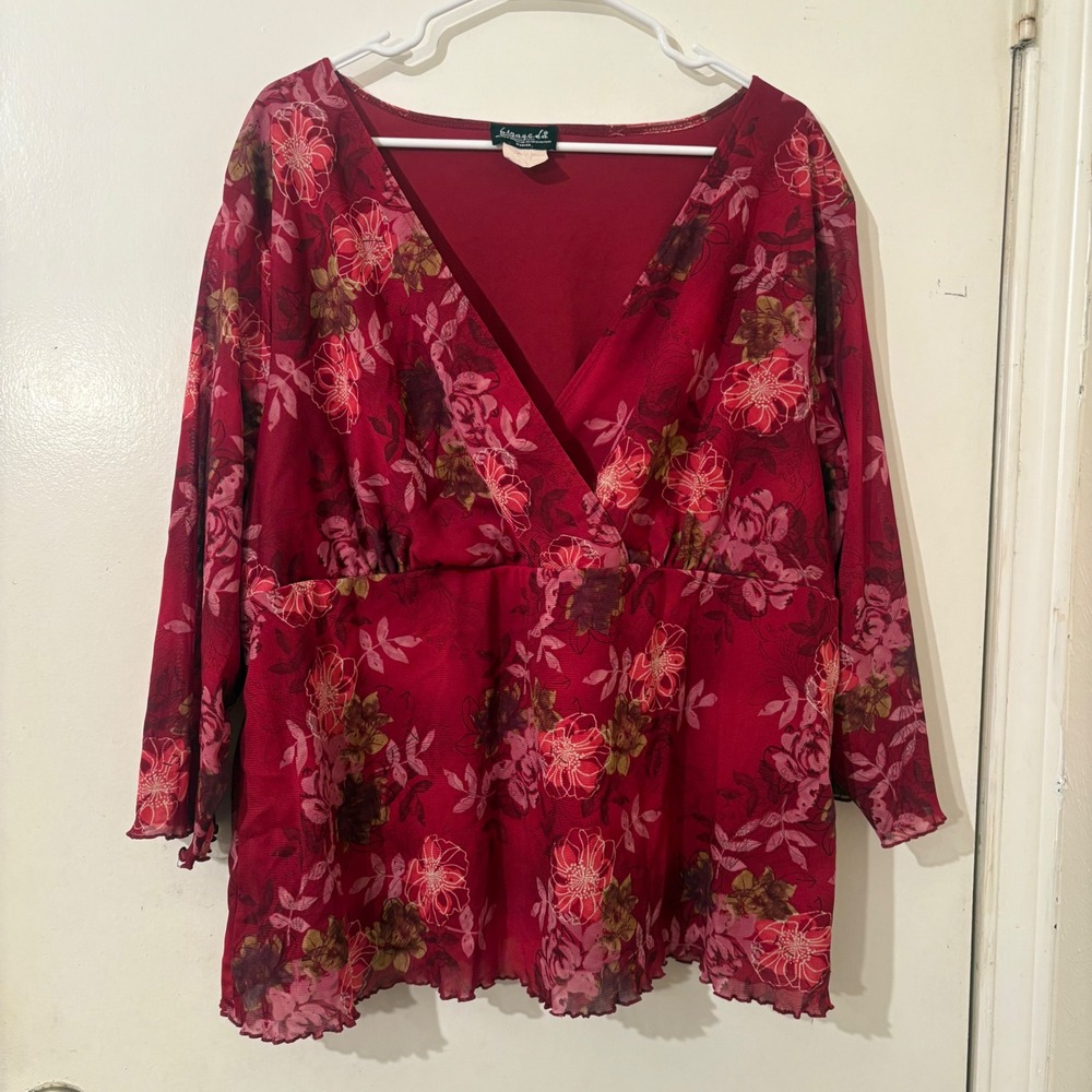 Vintage Y2K BIYAYCDA Red Fairycore Floral Mesh V-Neck Empire Waist Blouse Top 3X
